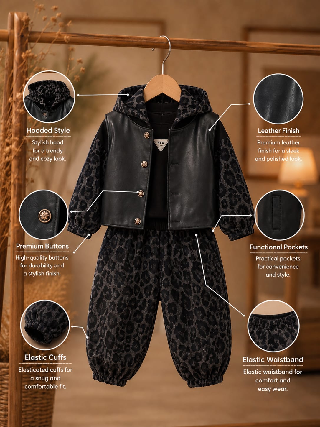 Kids 3 Pcs Leopard Print Cord Set with Faux Leather Jacket | Premium Casual Outfit | Size 18–26