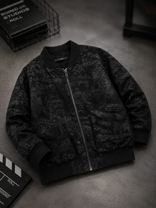 Premium Boys Black Printed Bomber Jacket | Stylish Zip-Up Casual Jacket | Size 6–12 Years