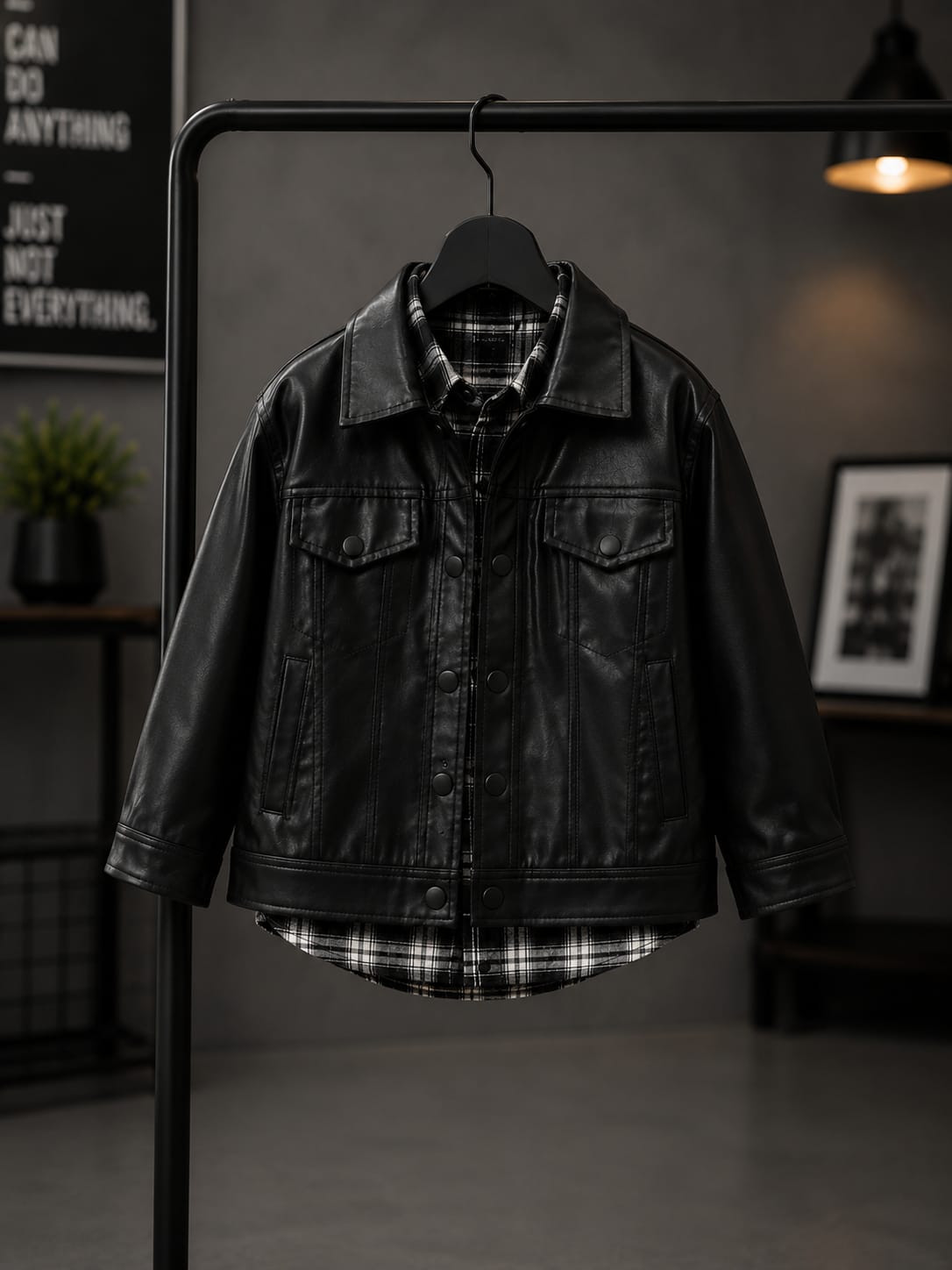 Premium Boys Black Faux Leather Jacket with Checked Shirt | Stylish Casual Jacket | Size 6–12 Years