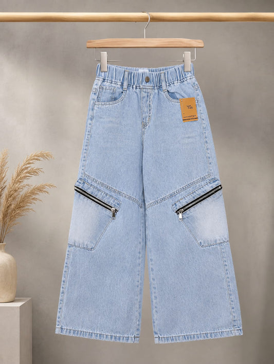Wanster Kids Light Blue Zip Pocket Cargo Jeans | Premium Denim | Elastic Waist | 6–12 Years
