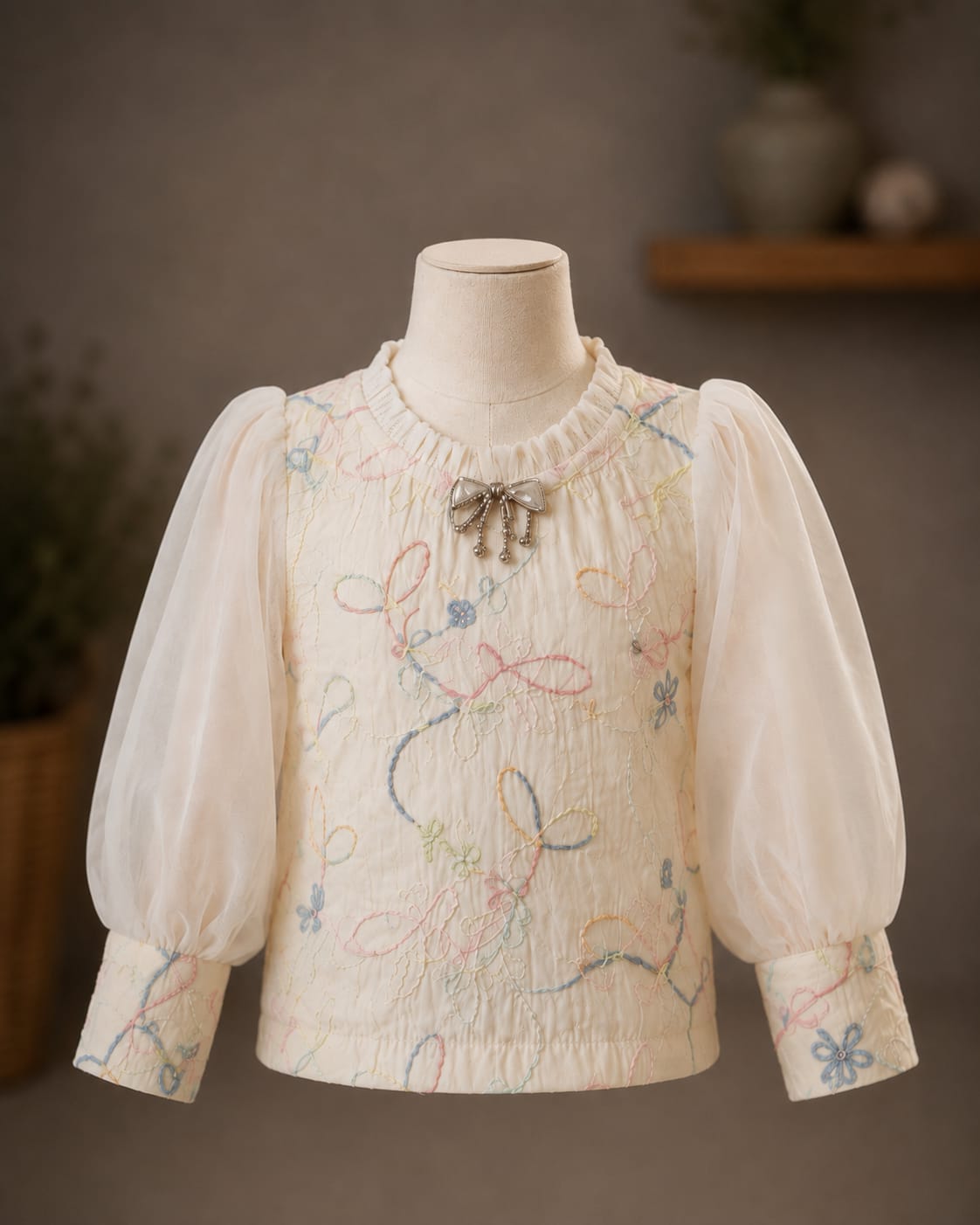 Girls Pastel Floral Embroidered Puff Sleeve Top