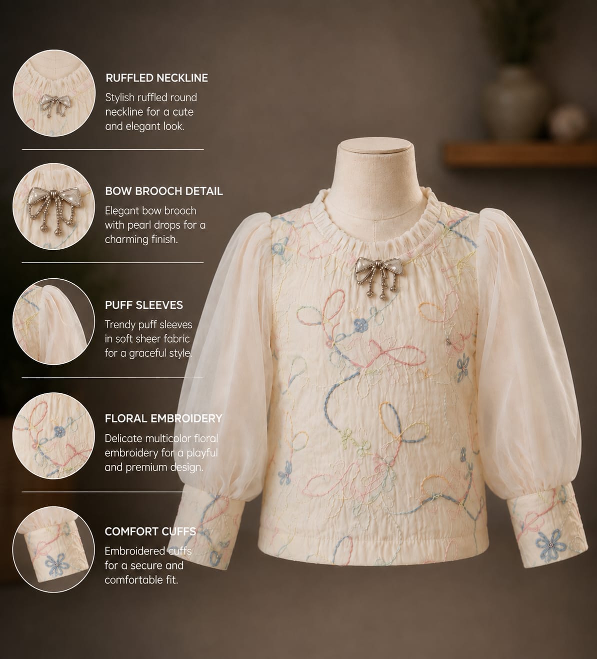 Girls Pastel Floral Embroidered Puff Sleeve Top