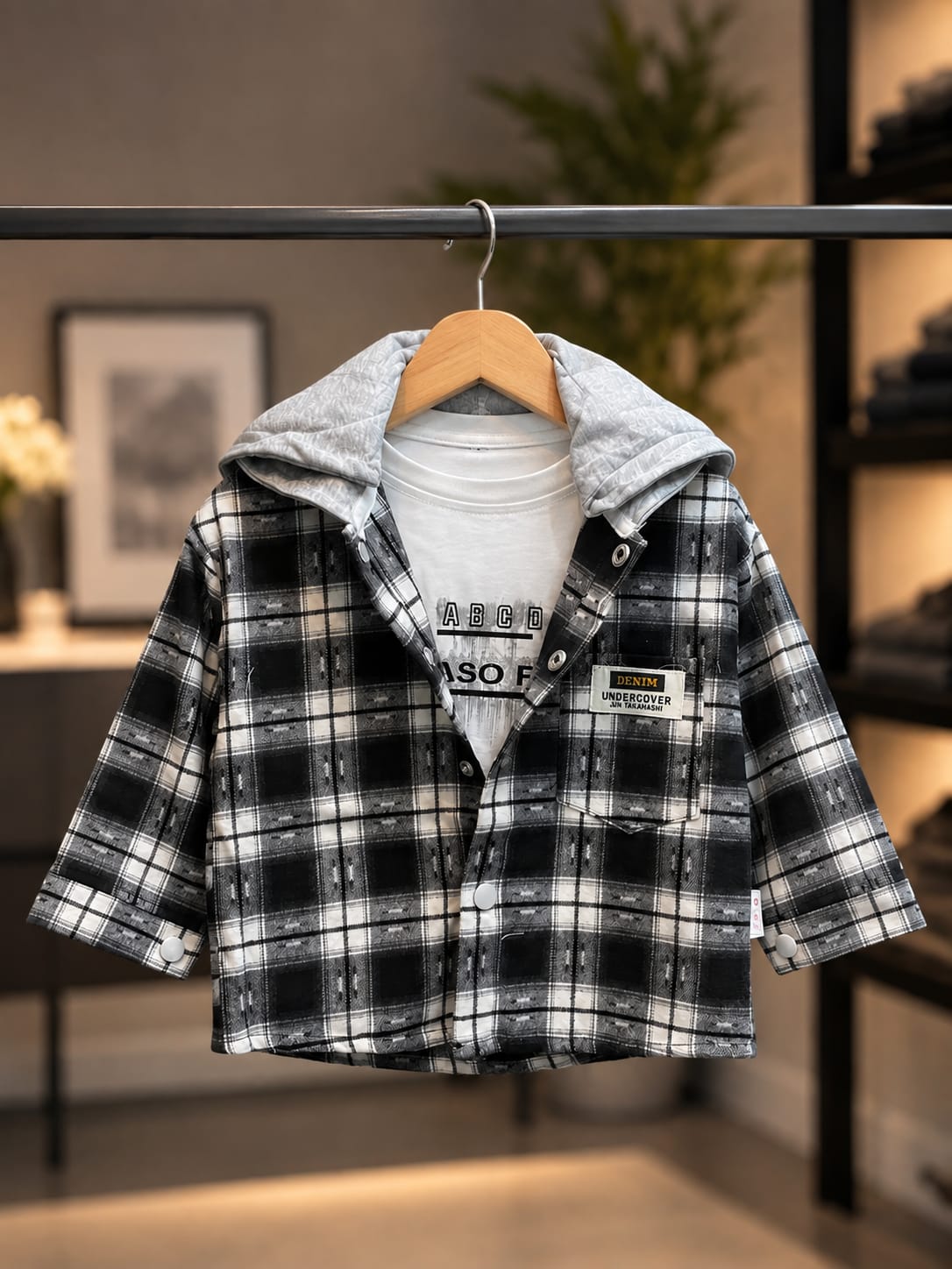 Boys Black & White Checked Shirt with T-Shirt & Denim Jeans 3-Piece Set | Sizes 18-26