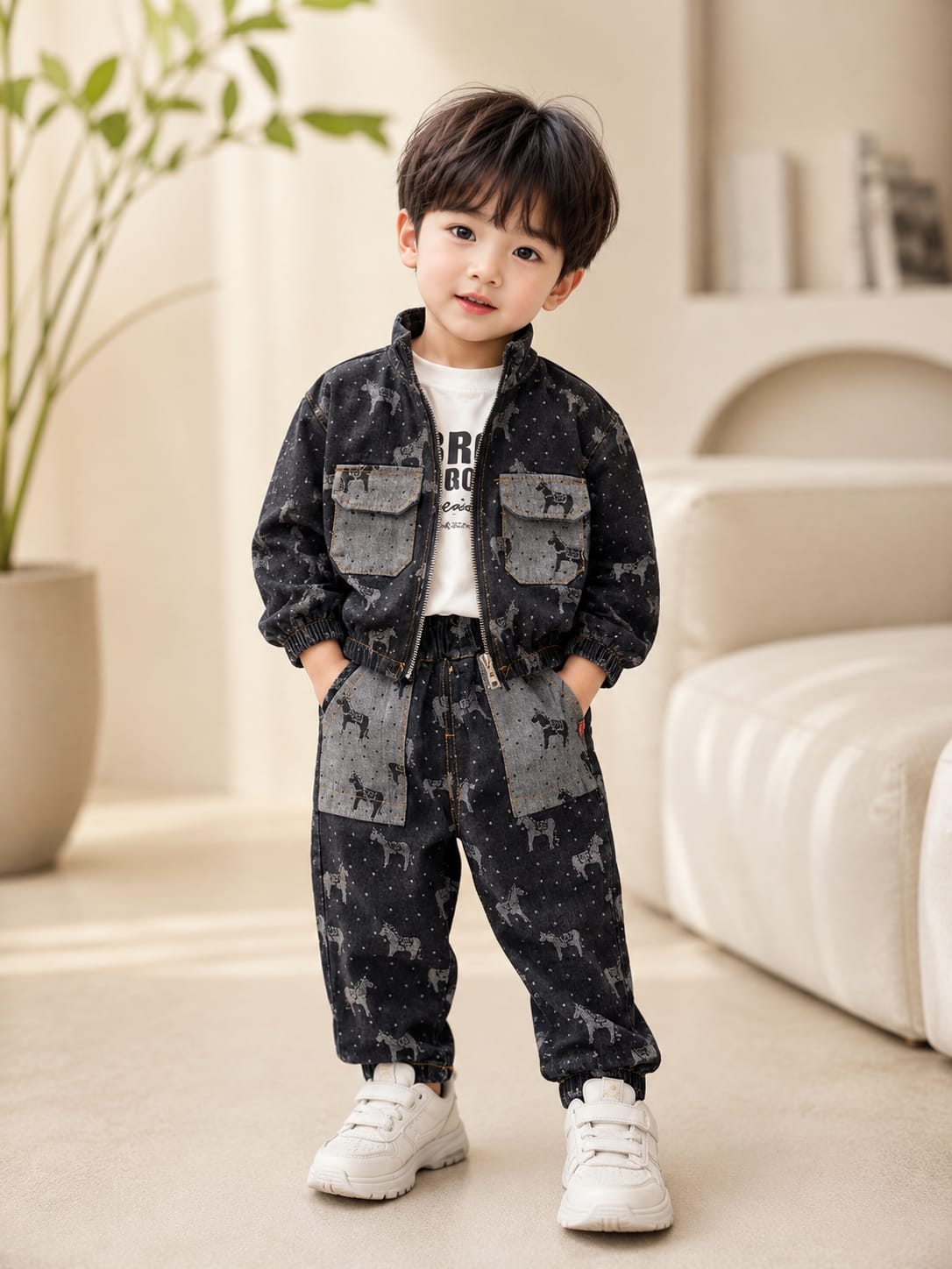 Boys Black Printed Jacket with T-Shirt & Jogger Set | 3-Piece Winter Outfit | Sizes 18-26
