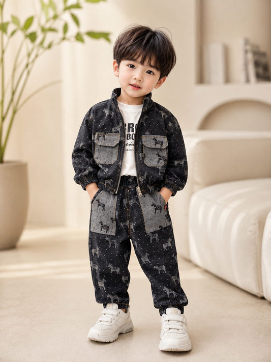 Boys Black Printed Jacket with T-Shirt & Jogger Set | 3-Piece Winter Outfit | Sizes 18-26