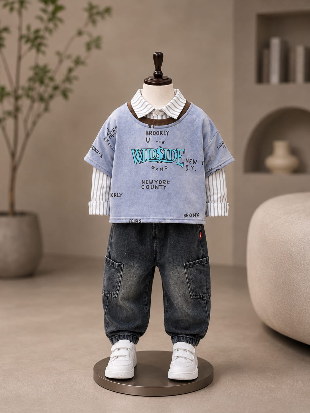 Boys Blue Printed T-Shirt with Striped Shirt & Black Cargo Jogger Set | 3-Piece Set | Sizes 18-26