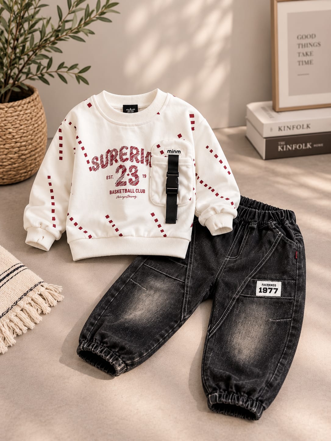 Boys White Printed Sweatshirt with Black Cargo Jogger Set | 2-Piece Set | Sizes 18-26