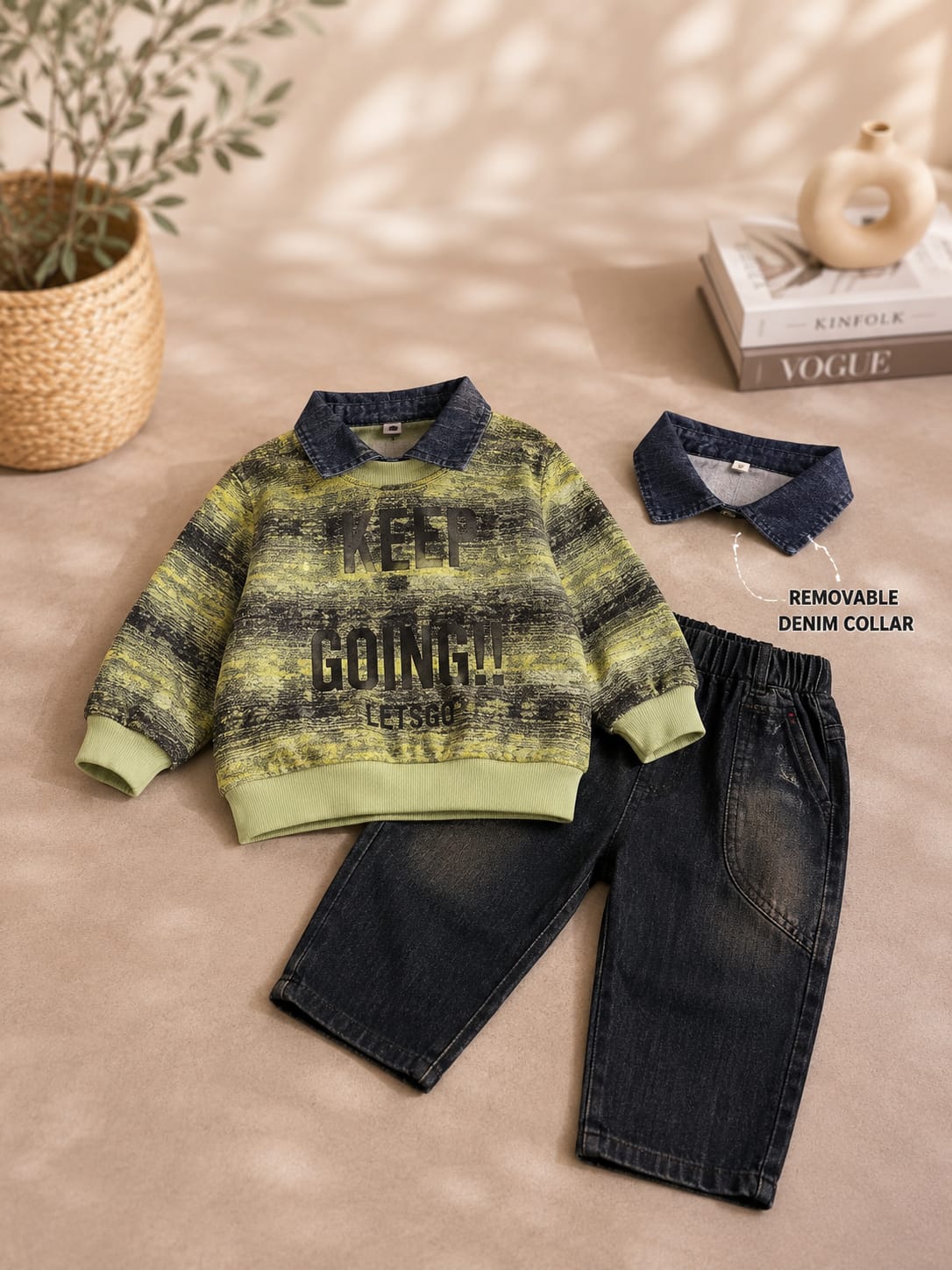 Boys Olive Green Printed Sweatshirt with Black Denim Jeans Set | 2-Piece Set | Sizes 18-26