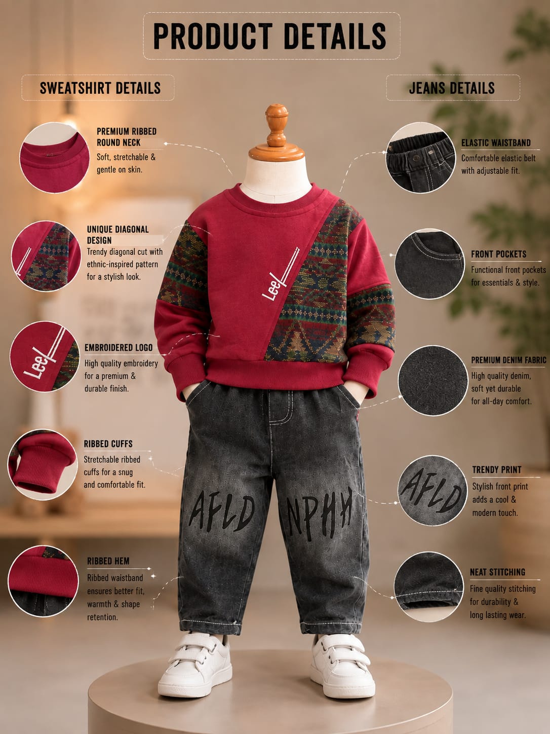 Boys Maroon Printed Sweatshirt with Grey Denim Jeans Set | 2-Piece Set | Sizes 18-26