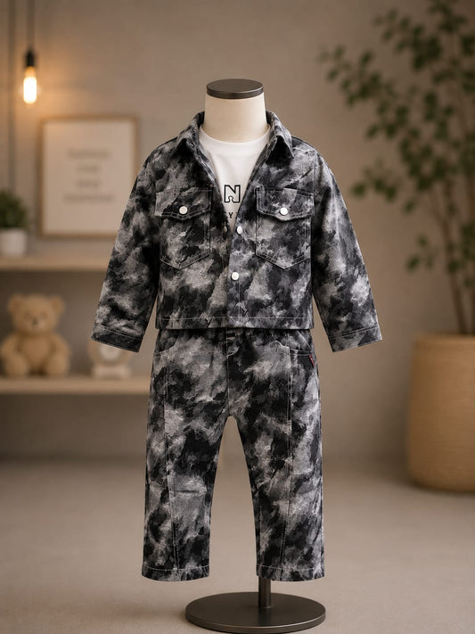 Boys Black & Grey Camo Jacket with T-Shirt & Matching Cargo Pants Set | 3-Piece Set | Sizes 18-26