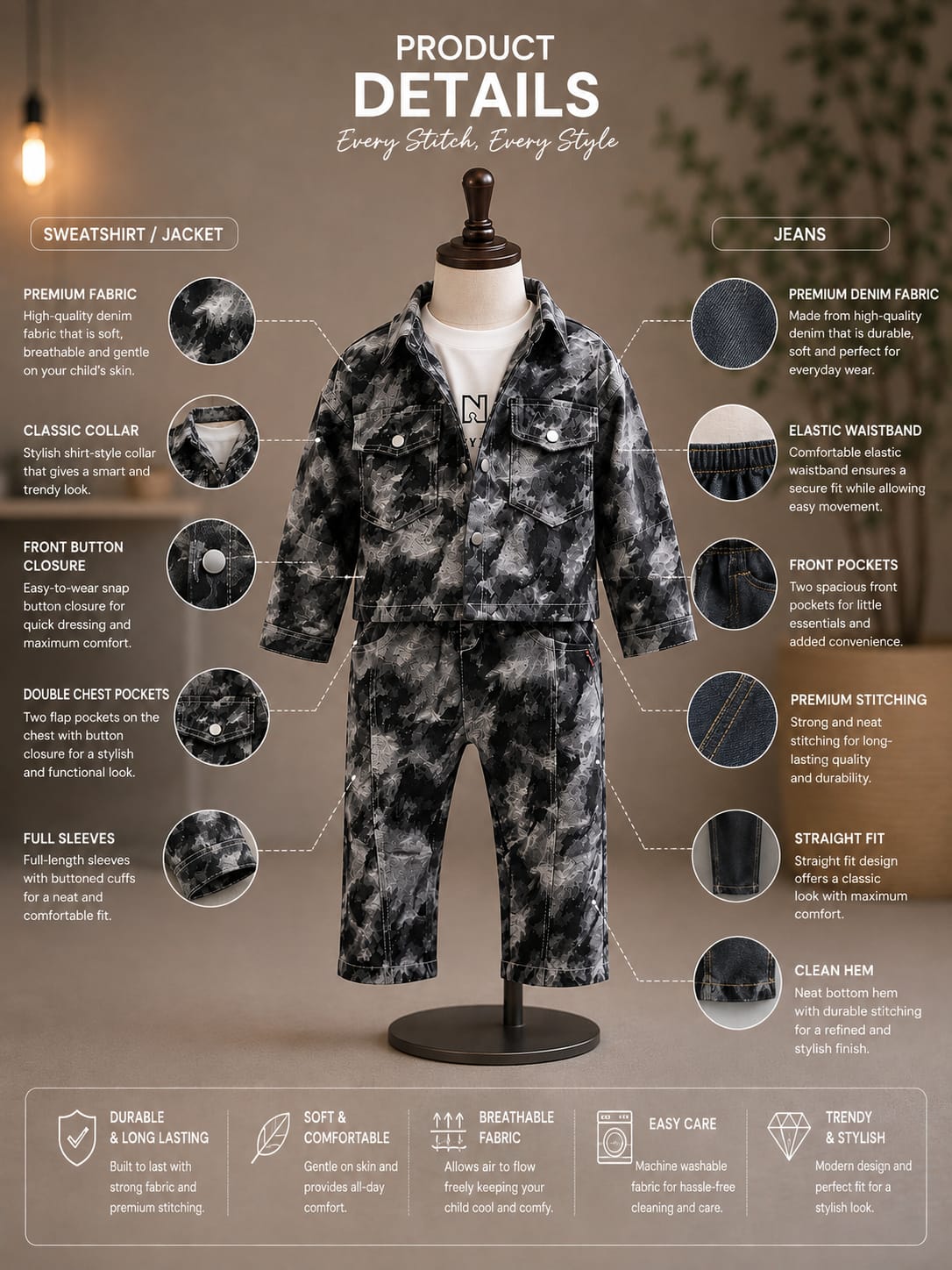 Boys Black & Grey Camo Jacket with T-Shirt & Matching Cargo Pants Set | 3-Piece Set | Sizes 18-26