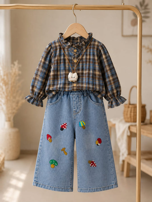 Girls Blue Checked Shirt with Mushroom Embroidery Denim Jeans Set | 2-Piece Set | Sizes 18-26