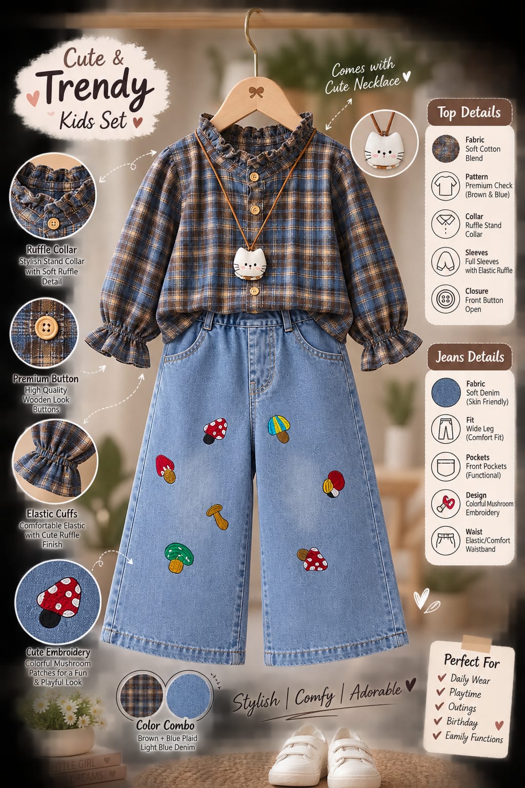 Girls Blue Checked Shirt with Mushroom Embroidery Denim Jeans Set | 2-Piece Set | Sizes 18-26