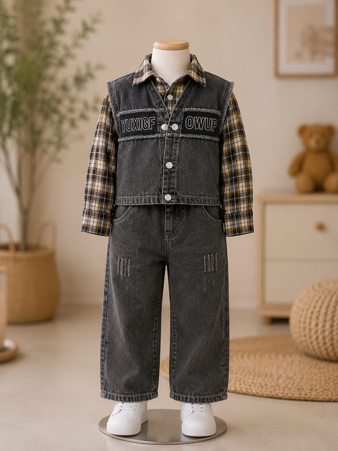 Boys Black Denim Jacket with Checked Shirt & Denim Jeans Set | 3-Piece Set | Sizes 18-26