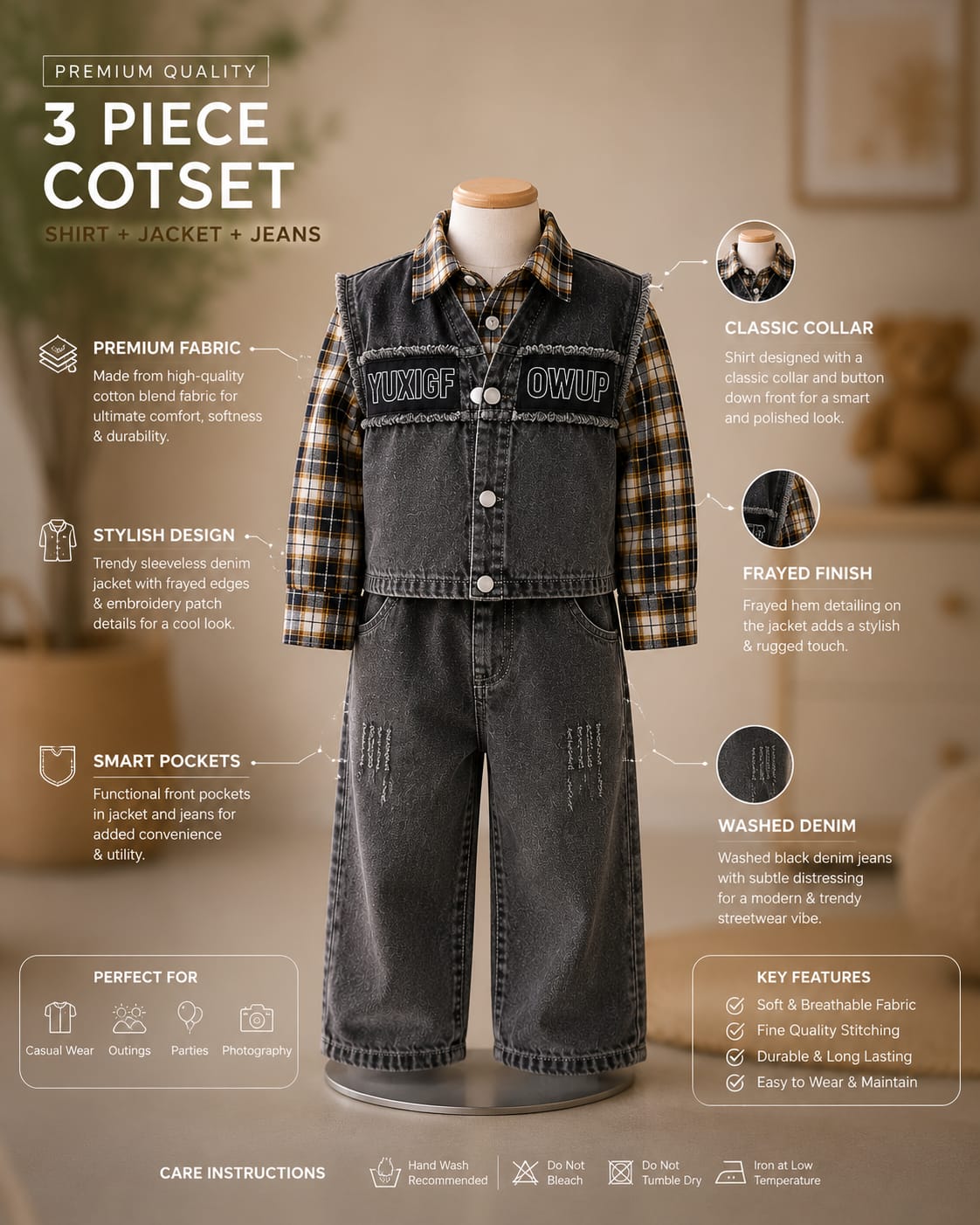 Boys Black Denim Jacket with Checked Shirt & Denim Jeans Set | 3-Piece Set | Sizes 18-26