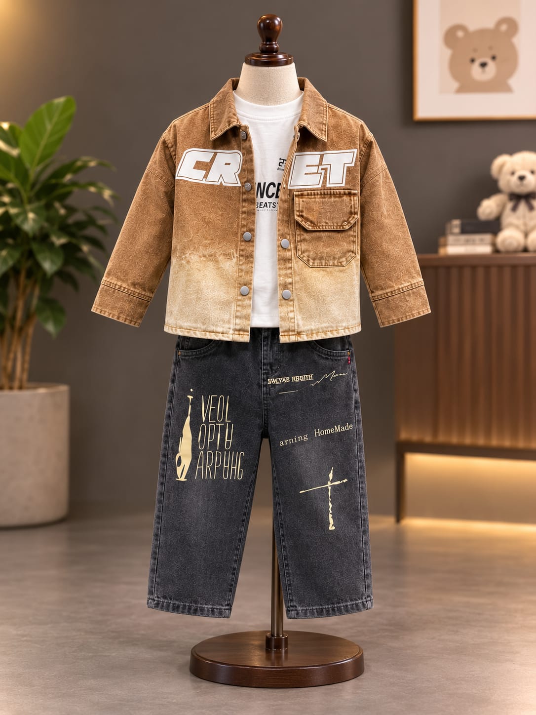 Boys Brown Denim Jacket with T-Shirt & Printed Black Jeans Set | 3-Piece Set | Sizes 18-26