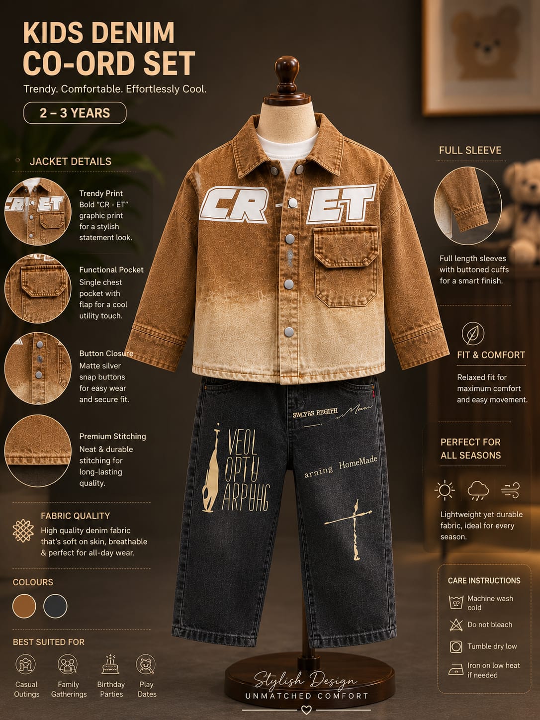 Boys Brown Denim Jacket with T-Shirt & Printed Black Jeans Set | 3-Piece Set | Sizes 18-26