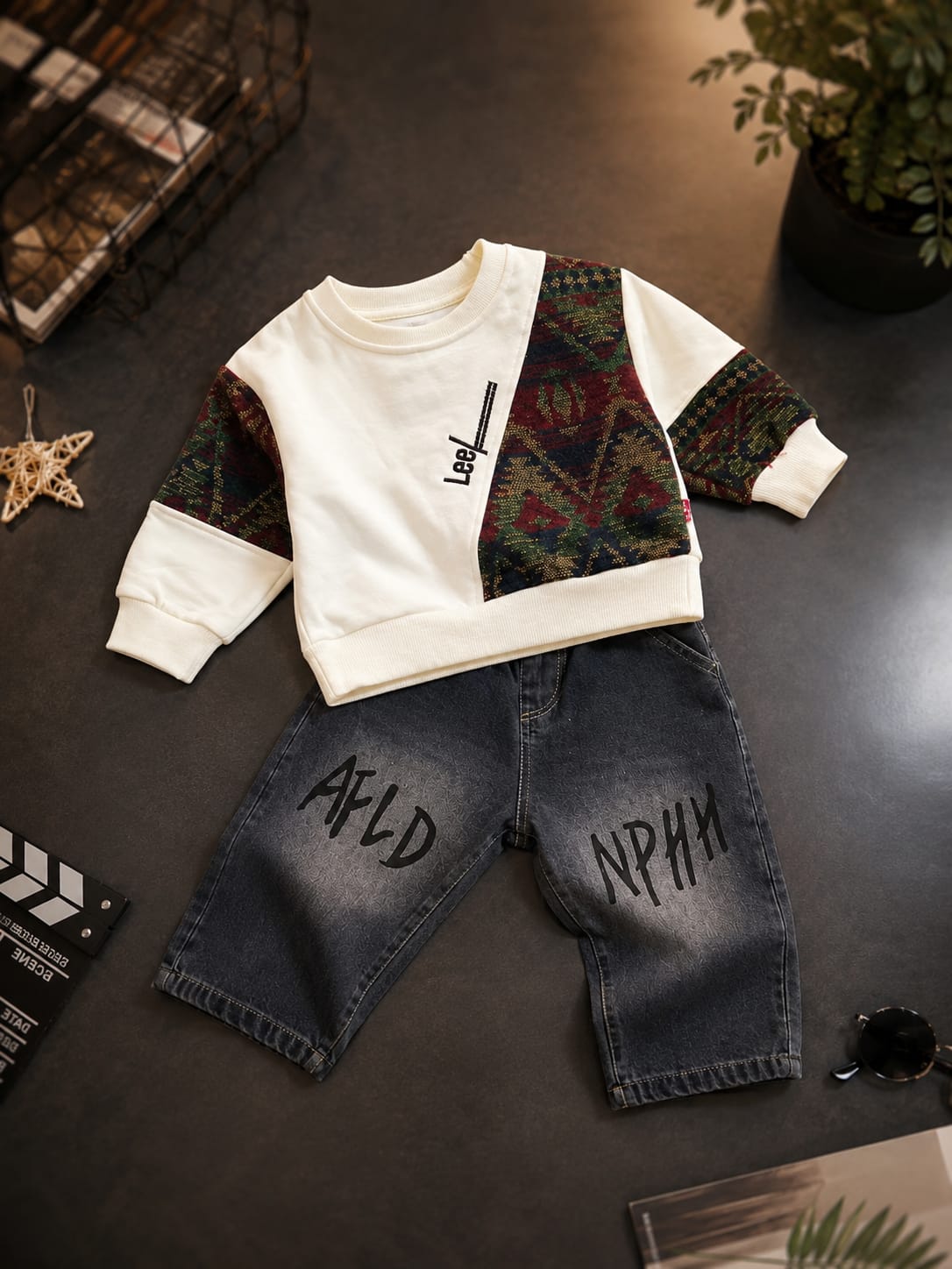 Boys White Printed Sweatshirt with Black Printed Denim Jeans Set | 2-Piece Set | Sizes 18-26
