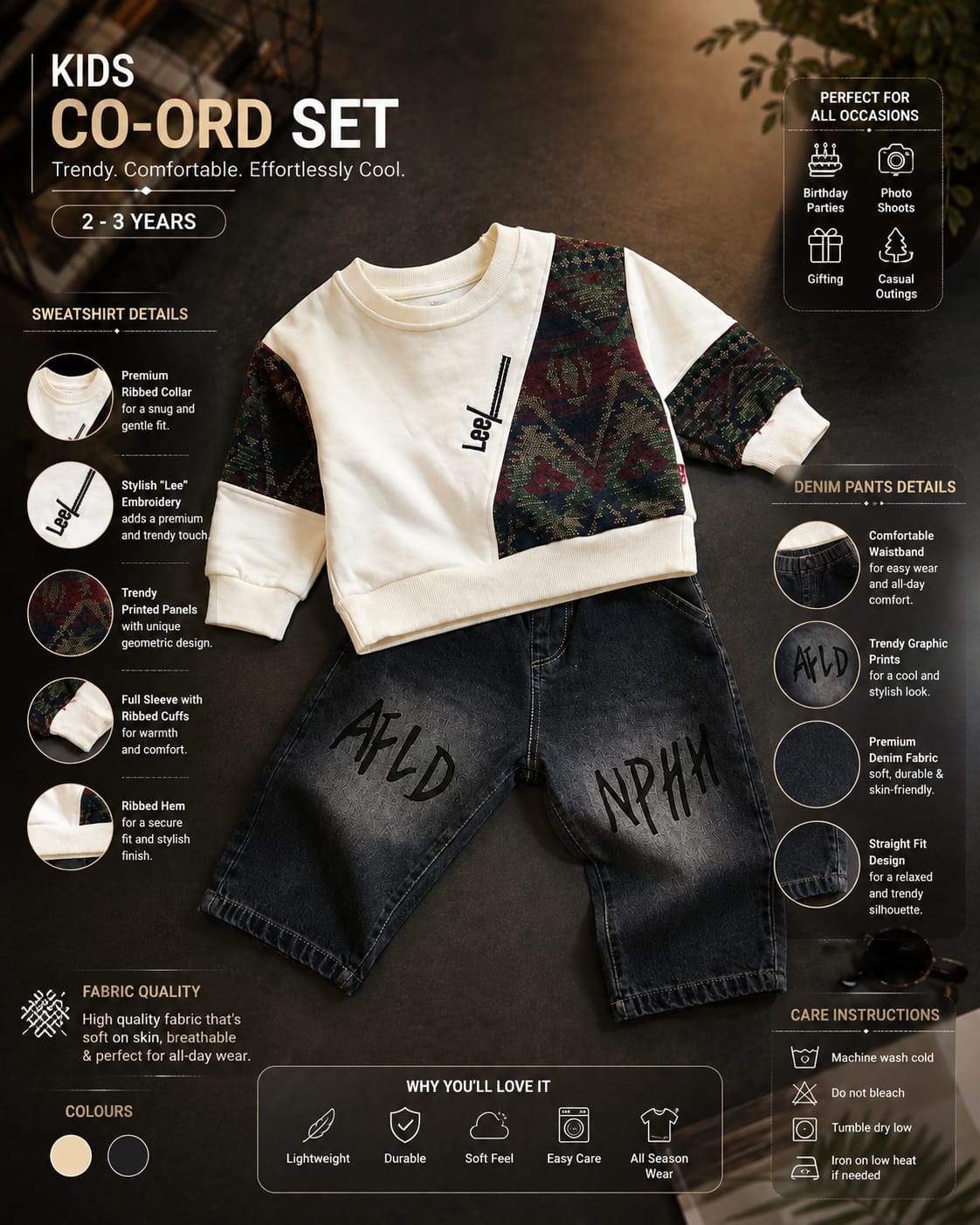 Boys White Printed Sweatshirt with Black Printed Denim Jeans Set | 2-Piece Set | Sizes 18-26