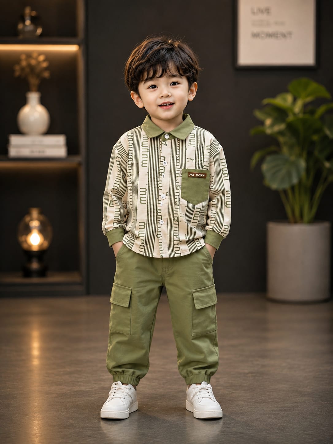 Boys Olive Green Printed Shirt with Cargo Jogger Set | 2-Piece Set | Sizes 18-26