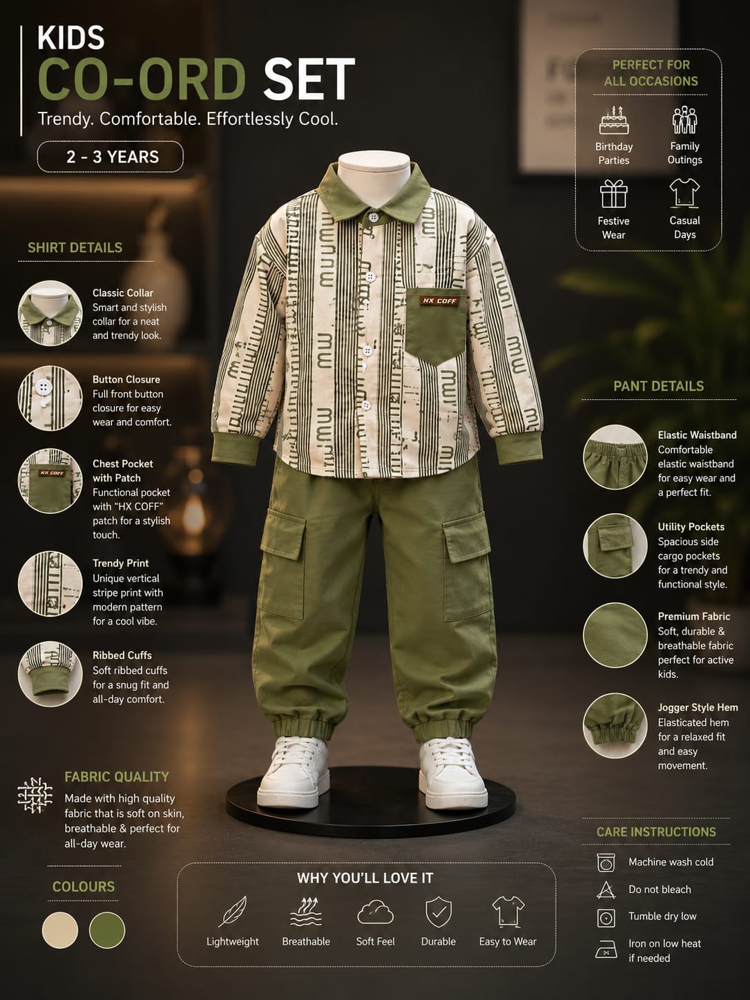 Boys Olive Green Printed Shirt with Cargo Jogger Set | 2-Piece Set | Sizes 18-26