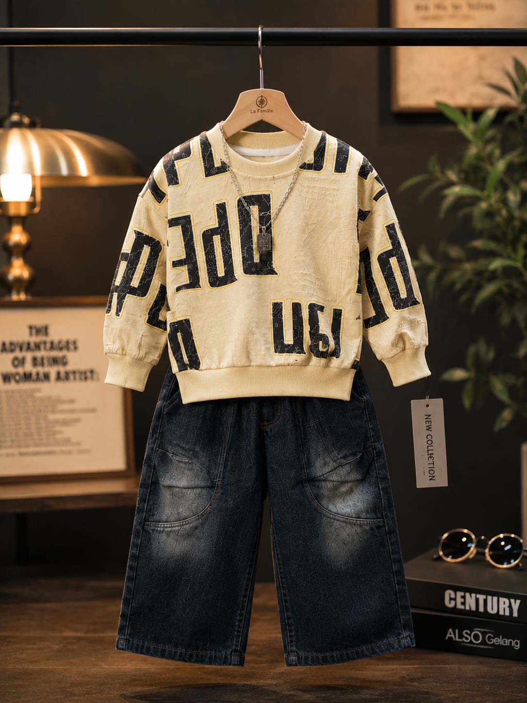Boys Cream Printed Sweatshirt with Dark Blue Cargo Jeans Set | 2-Piece Set | Sizes 18-26