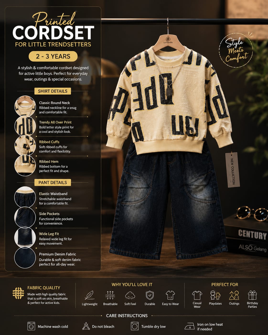 Boys Cream Printed Sweatshirt with Dark Blue Cargo Jeans Set | 2-Piece Set | Sizes 18-26