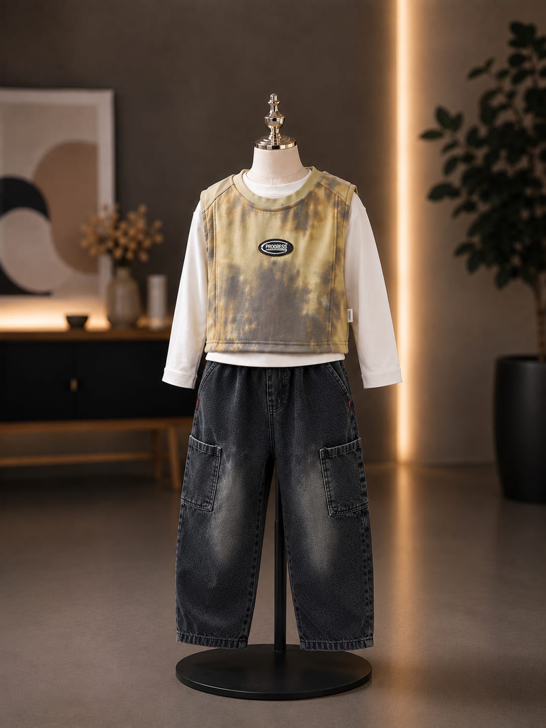 Boys Yellow Tie-Dye Vest with White T-Shirt & Black Cargo Jeans Set | 3-Piece Set | Sizes 18-26