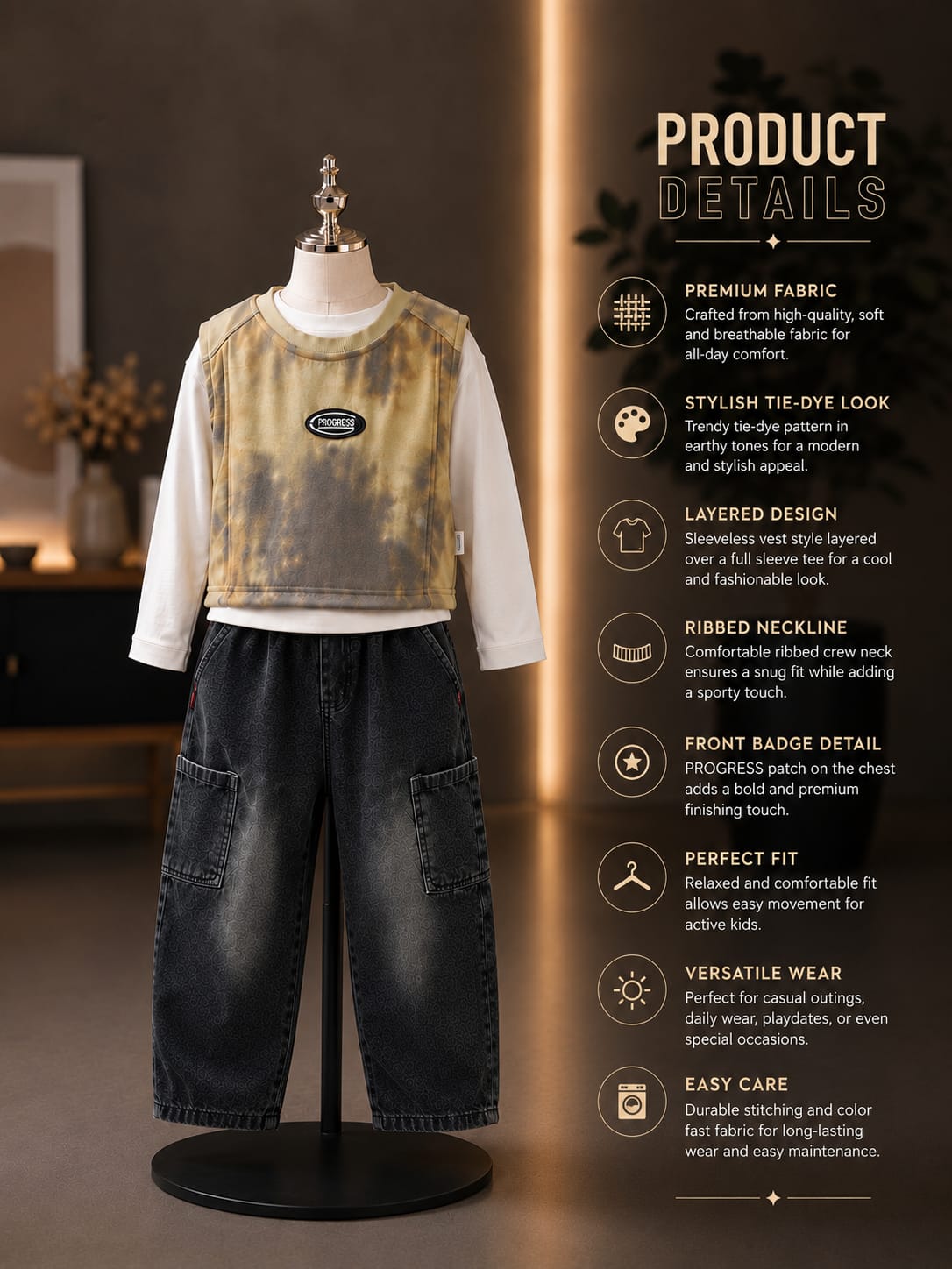 Boys Yellow Tie-Dye Vest with White T-Shirt & Black Cargo Jeans Set | 3-Piece Set | Sizes 18-26