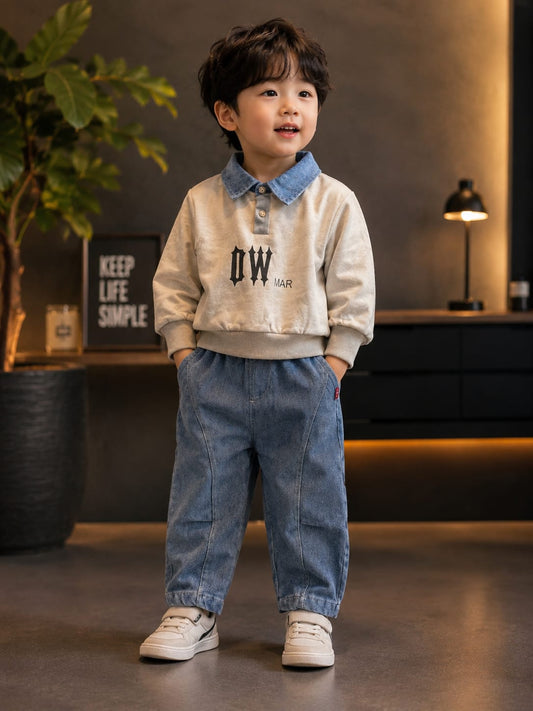Boys Beige Sweatshirt with Denim Collar & Light Blue Cargo Jeans Set | 2-Piece Set | Sizes 18-26