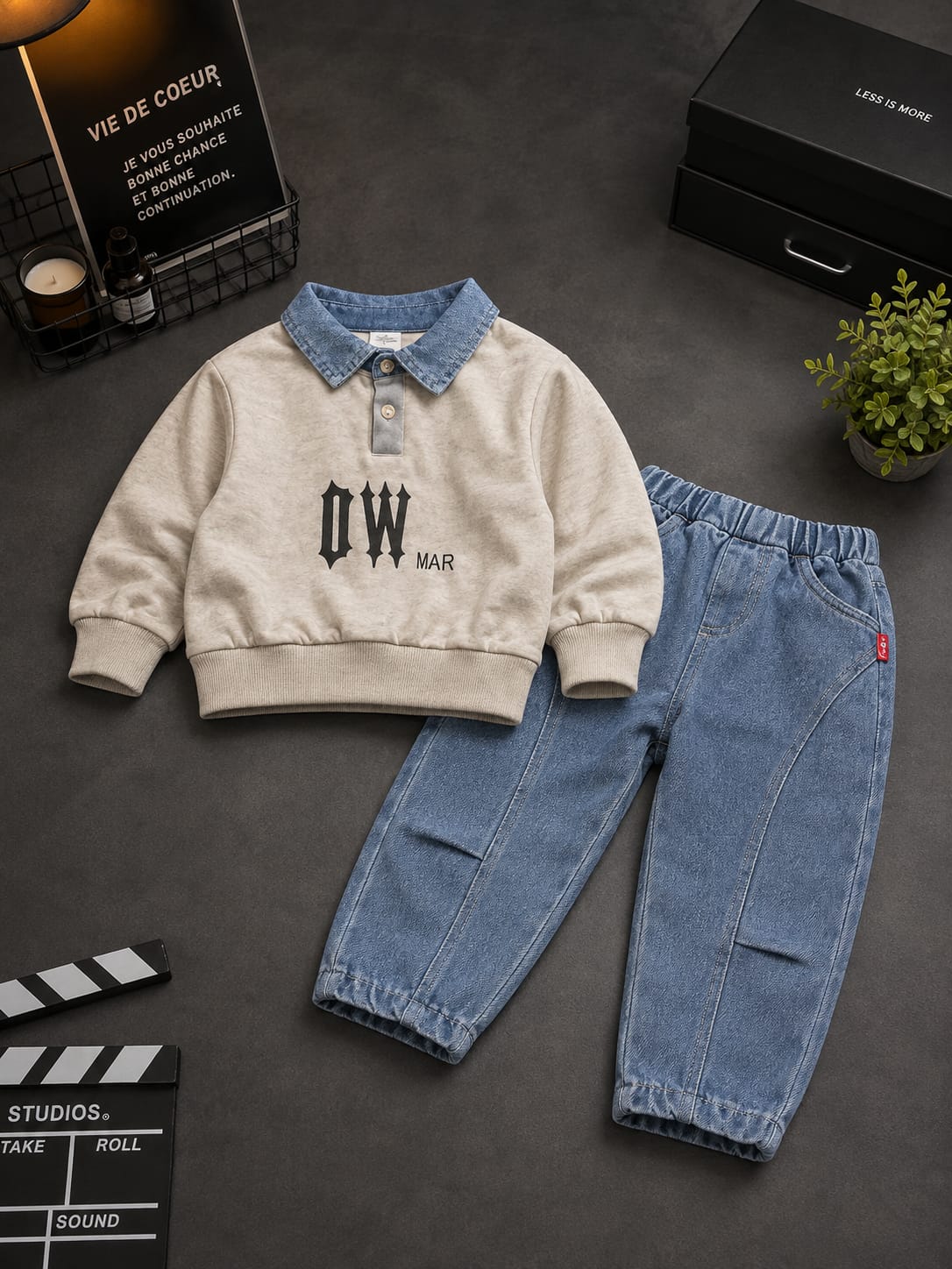 Boys Beige Sweatshirt with Denim Collar & Light Blue Cargo Jeans Set | 2-Piece Set | Sizes 18-26
