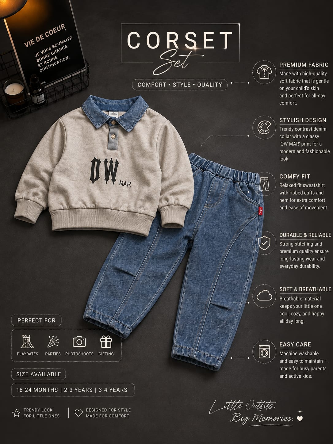 Boys Beige Sweatshirt with Denim Collar & Light Blue Cargo Jeans Set | 2-Piece Set | Sizes 18-26