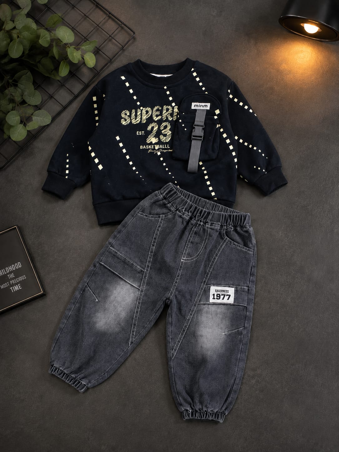 Boys 2-Piece Black Sweatshirt & Grey Denim Jogger Set | Trendy Kids Outfit | Sizes 18-26