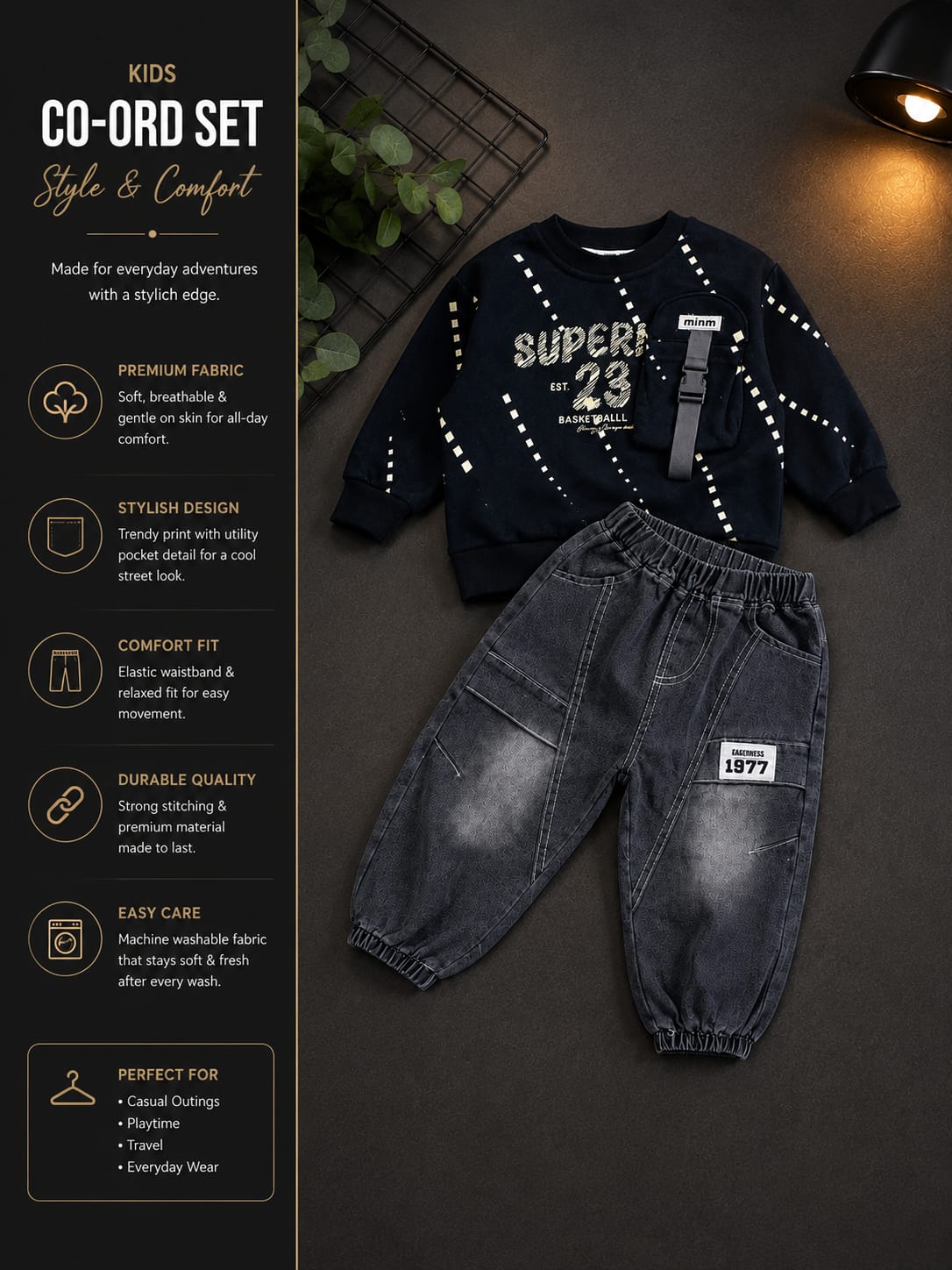 Boys 2-Piece Black Sweatshirt & Grey Denim Jogger Set | Trendy Kids Outfit | Sizes 18-26