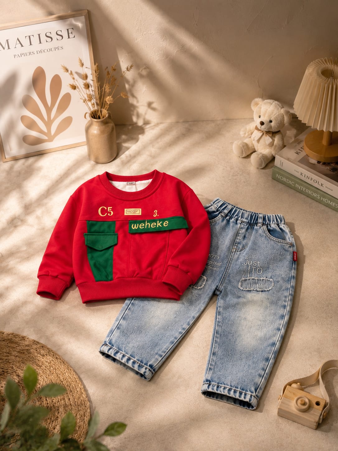 Boys Red Printed Sweatshirt with Light Blue Denim Jeans Set | 2-Piece Set | Sizes 18-26