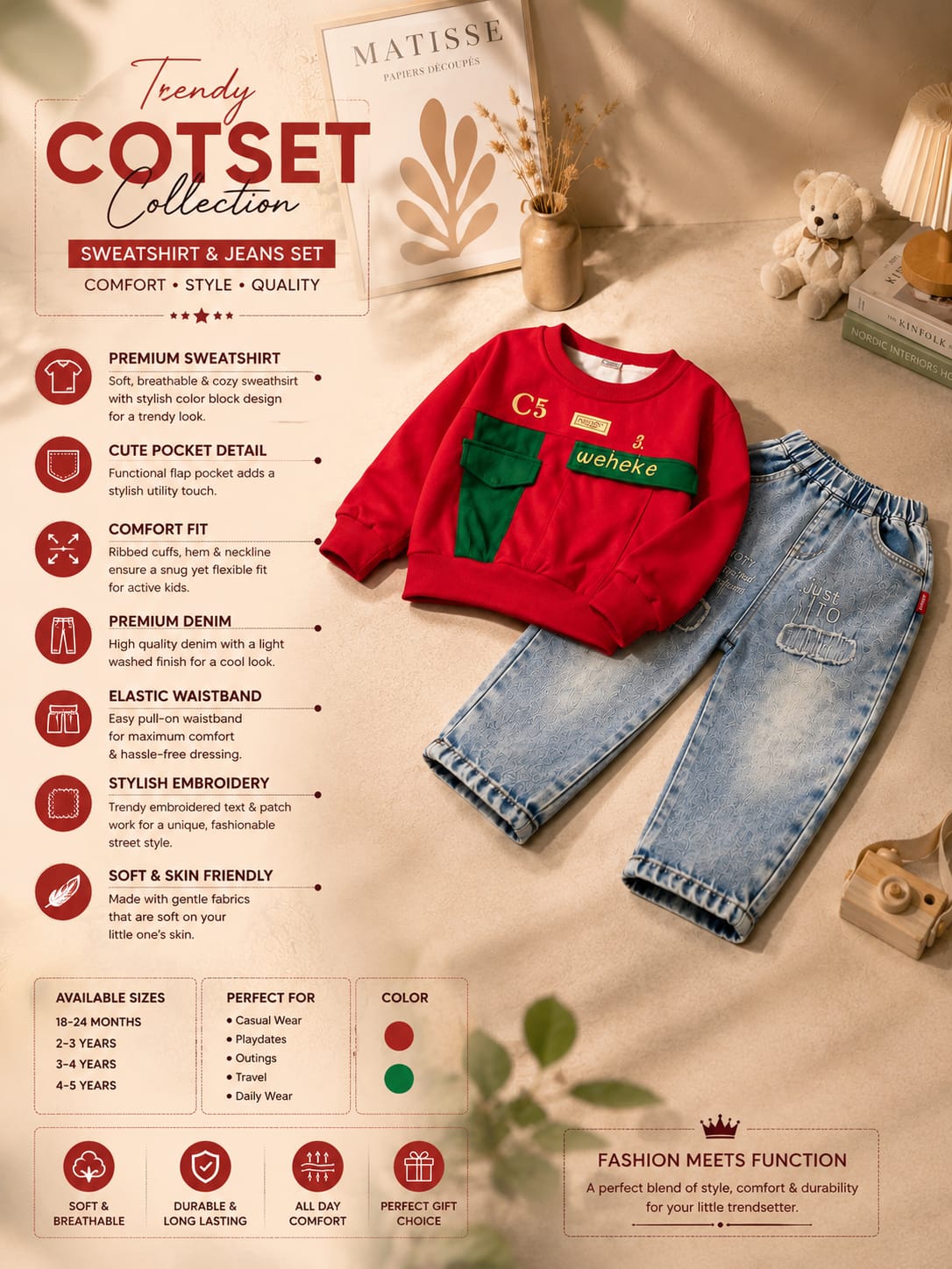 Boys Red Printed Sweatshirt with Light Blue Denim Jeans Set | 2-Piece Set | Sizes 18-26