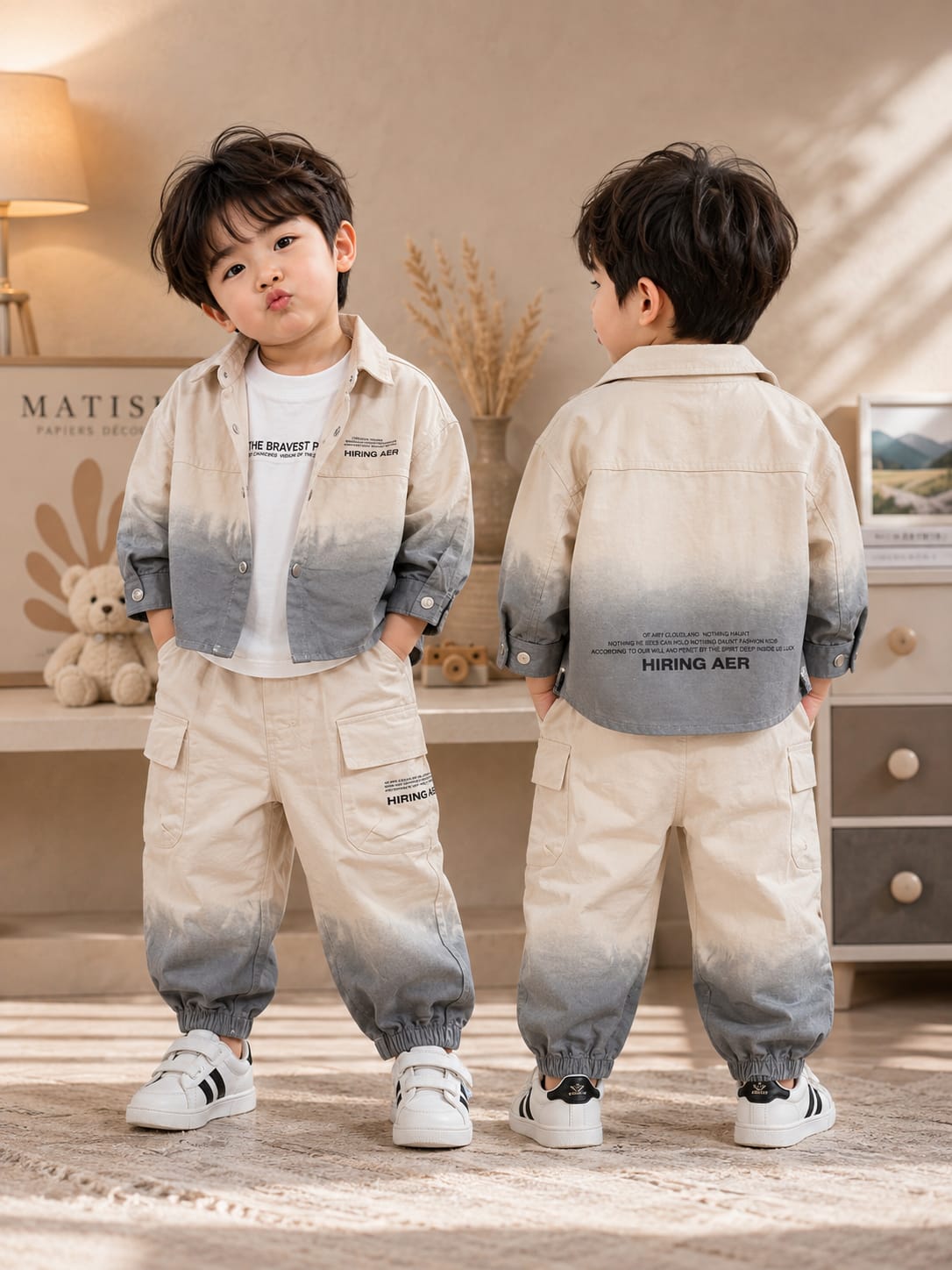 Boys White & Grey Ombre Jacket with T-Shirt & Cargo Jogger Set | 3-Piece Set | Sizes 18-26