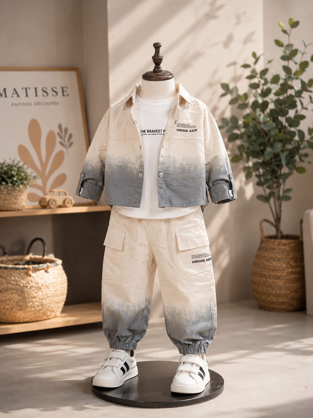 Boys White & Grey Ombre Jacket with T-Shirt & Cargo Jogger Set | 3-Piece Set | Sizes 18-26