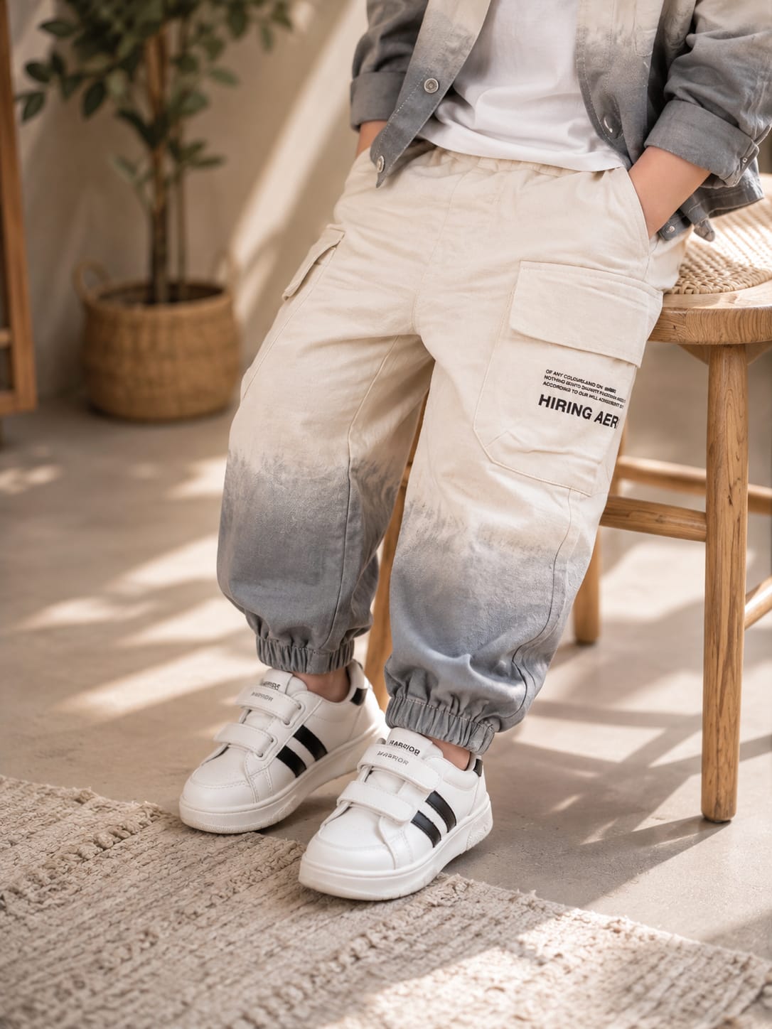 Boys White & Grey Ombre Jacket with T-Shirt & Cargo Jogger Set | 3-Piece Set | Sizes 18-26