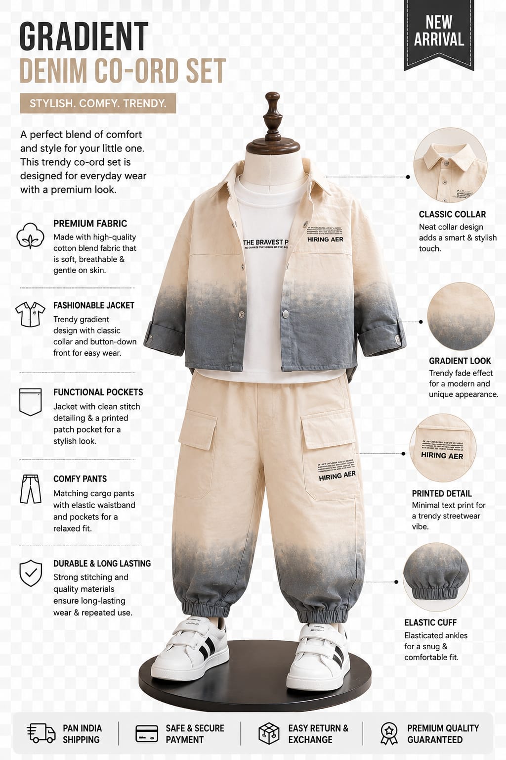Boys White & Grey Ombre Jacket with T-Shirt & Cargo Jogger Set | 3-Piece Set | Sizes 18-26
