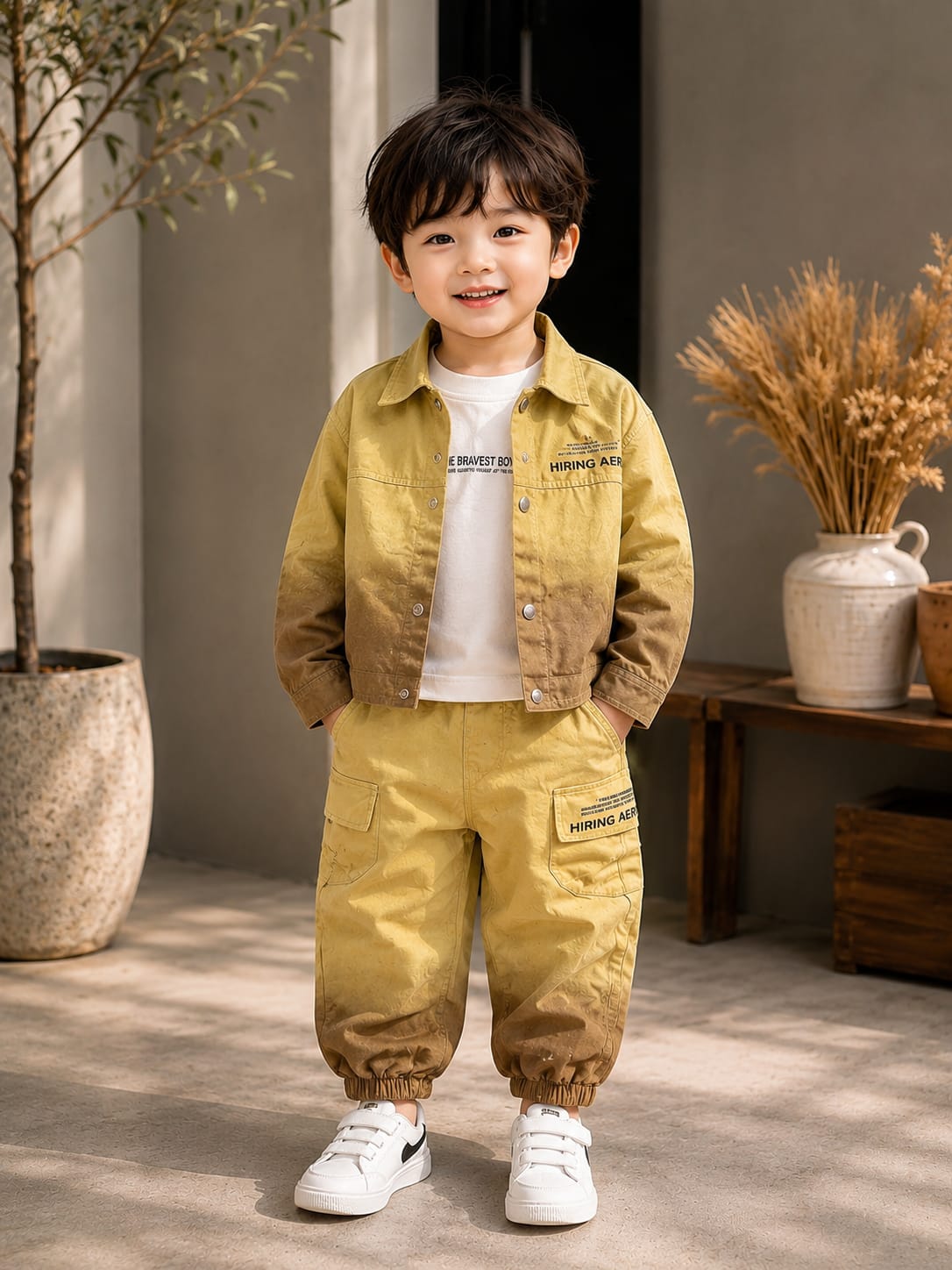 Boys Mustard Yellow Jacket with T-Shirt & Cargo Jogger Set | 3-Piece Set | Sizes 18-26
