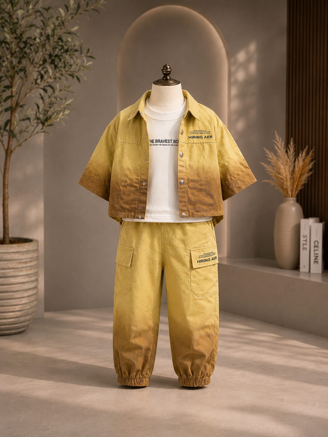 Boys Mustard Yellow Jacket with T-Shirt & Cargo Jogger Set | 3-Piece Set | Sizes 18-26