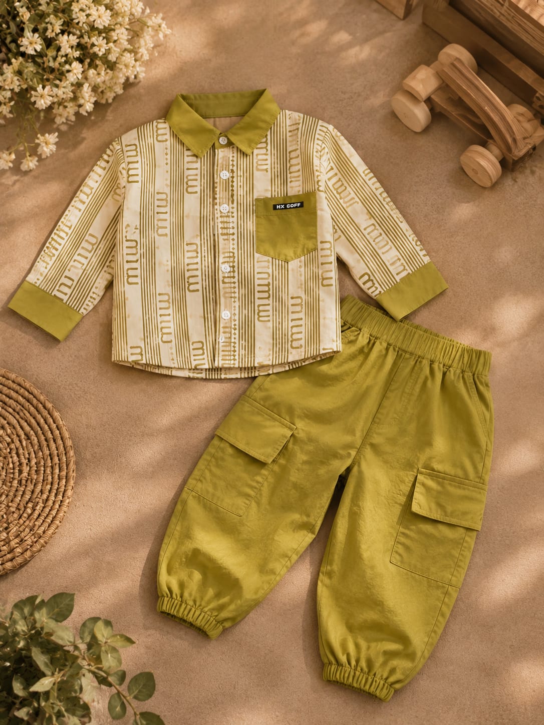 Boys Olive Green Printed Shirt with Cargo Jogger Set | 2-Piece Set | Sizes 18-26