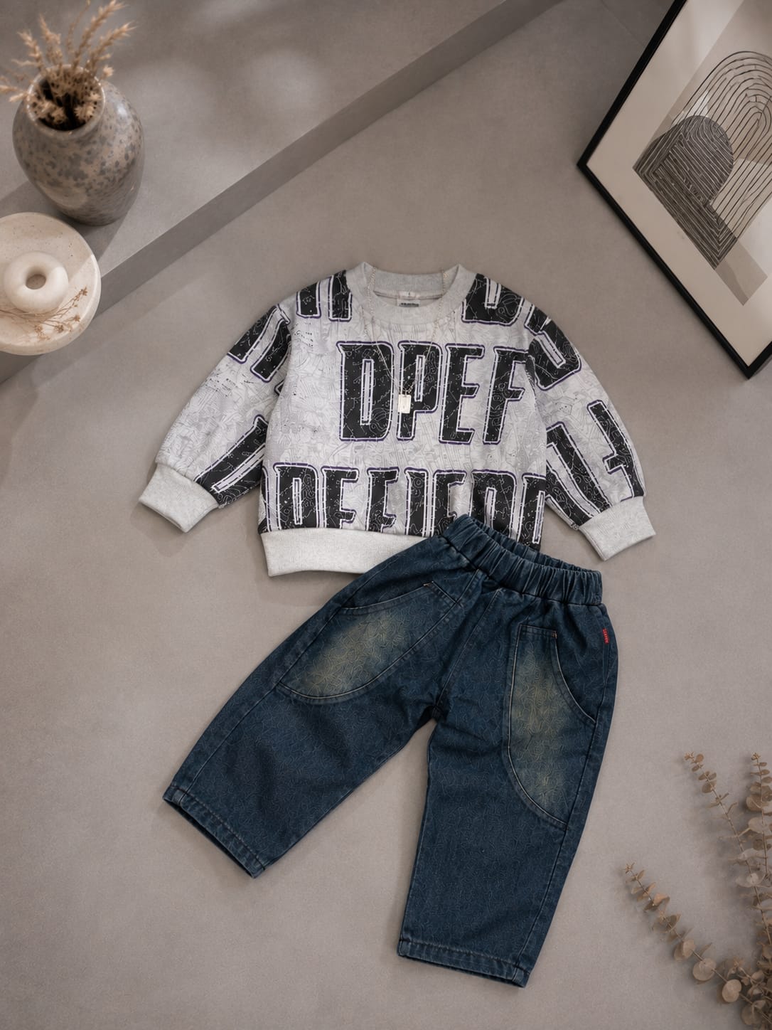 Boys Grey Printed Sweatshirt with Dark Blue Denim Jogger Set | 2-Piece Set | Sizes 18-26
