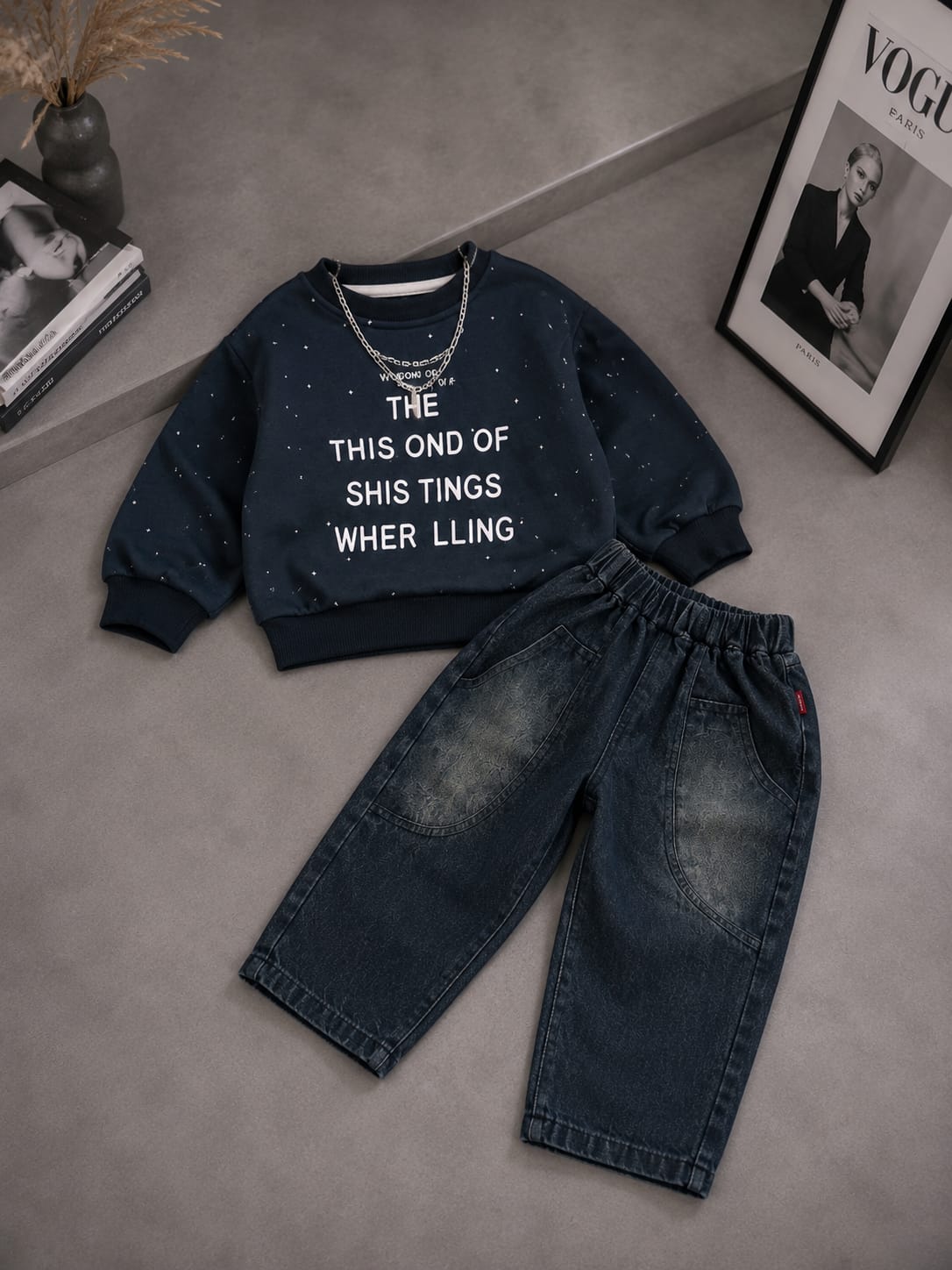 Boys Navy Blue Printed Sweatshirt with Black Denim Jogger Set | 2-Piece Set | Sizes 18-26