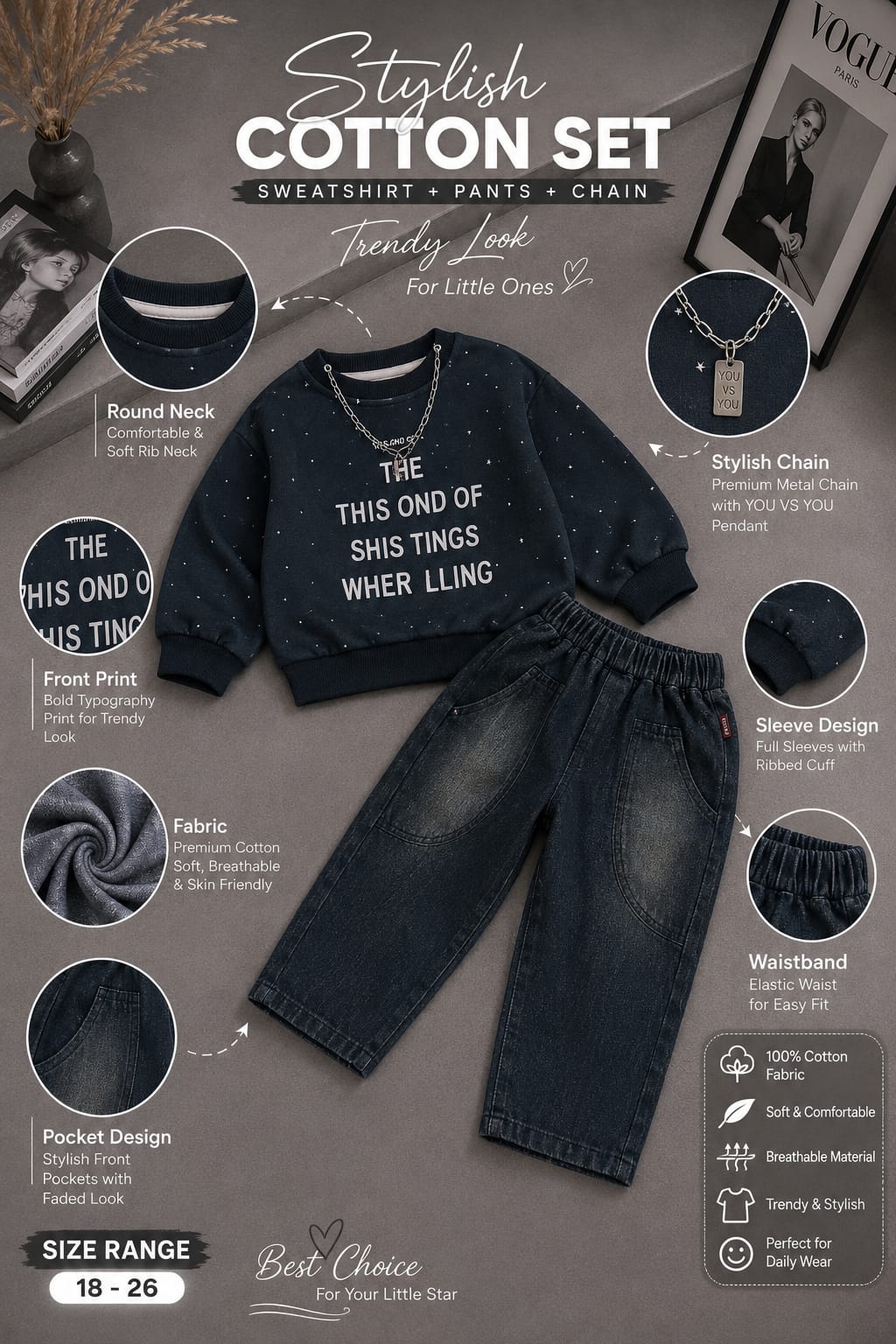 Boys Navy Blue Printed Sweatshirt with Black Denim Jogger Set | 2-Piece Set | Sizes 18-26