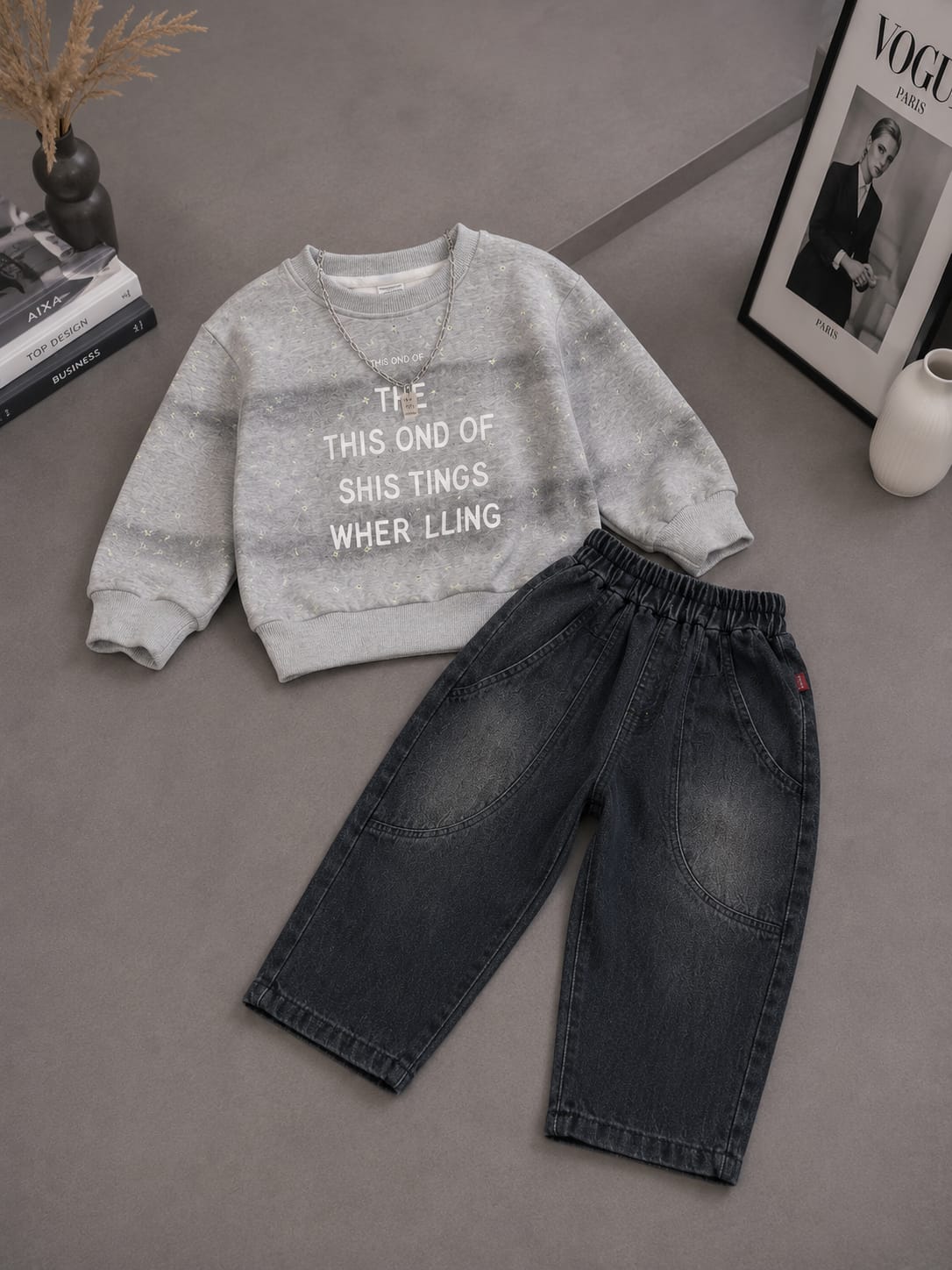 Boys Grey Printed Sweatshirt with Black Denim Jogger Set | 2-Piece Set | Sizes 18-26