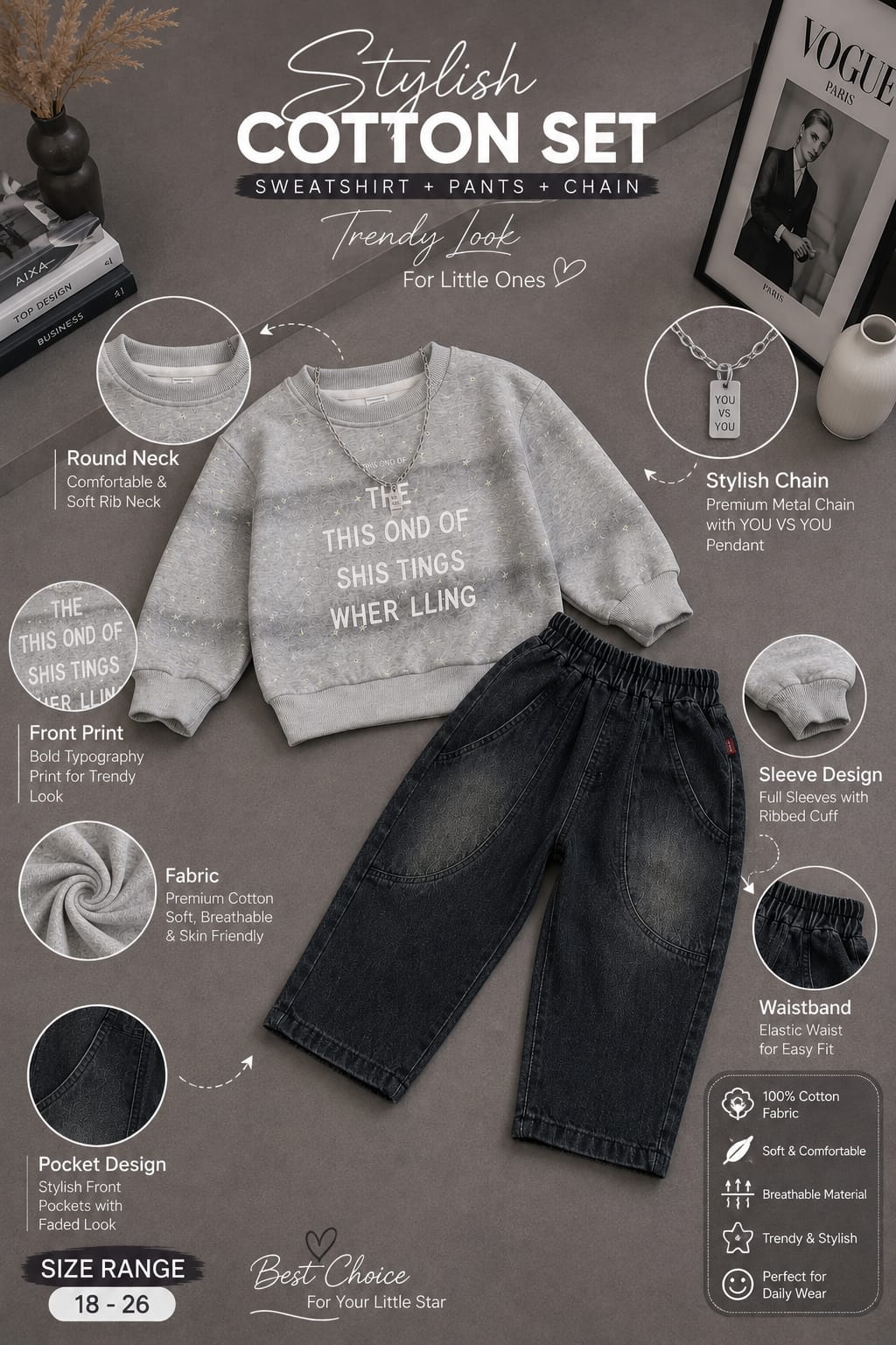 Boys Grey Printed Sweatshirt with Black Denim Jogger Set | 2-Piece Set | Sizes 18-26