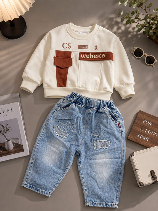 Boys White Sweatshirt with Light Blue Denim Jogger Set | Trendy 2-Piece Outfit | Sizes 18-26