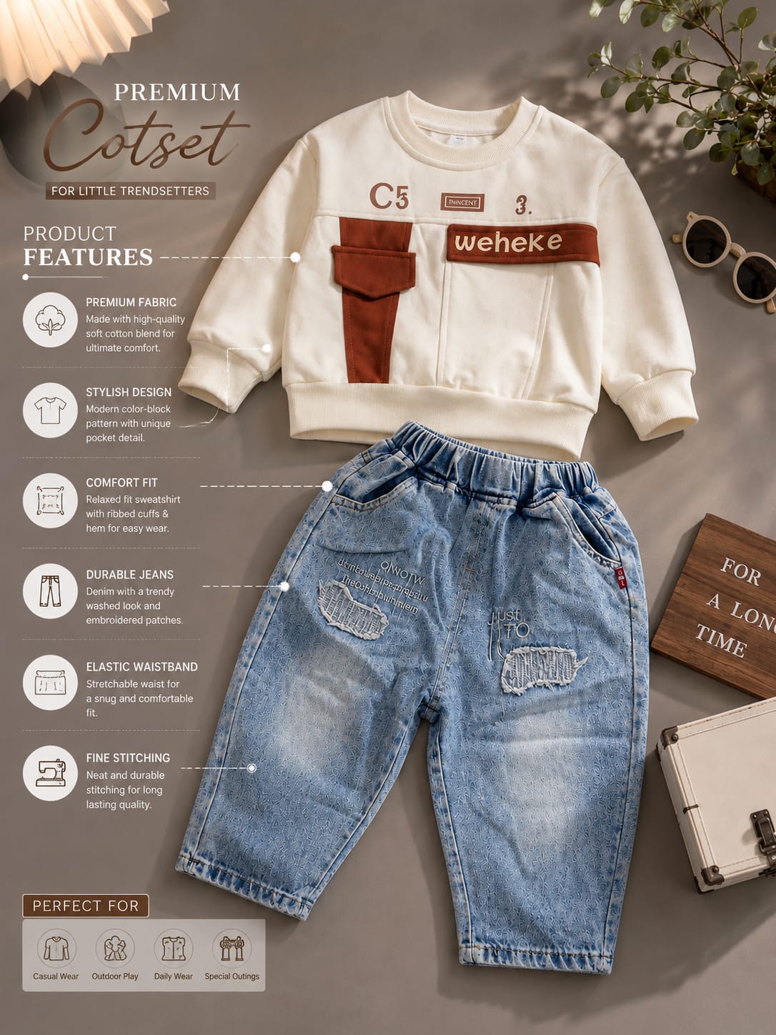 Boys White Sweatshirt with Light Blue Denim Jogger Set | Trendy 2-Piece Outfit | Sizes 18-26